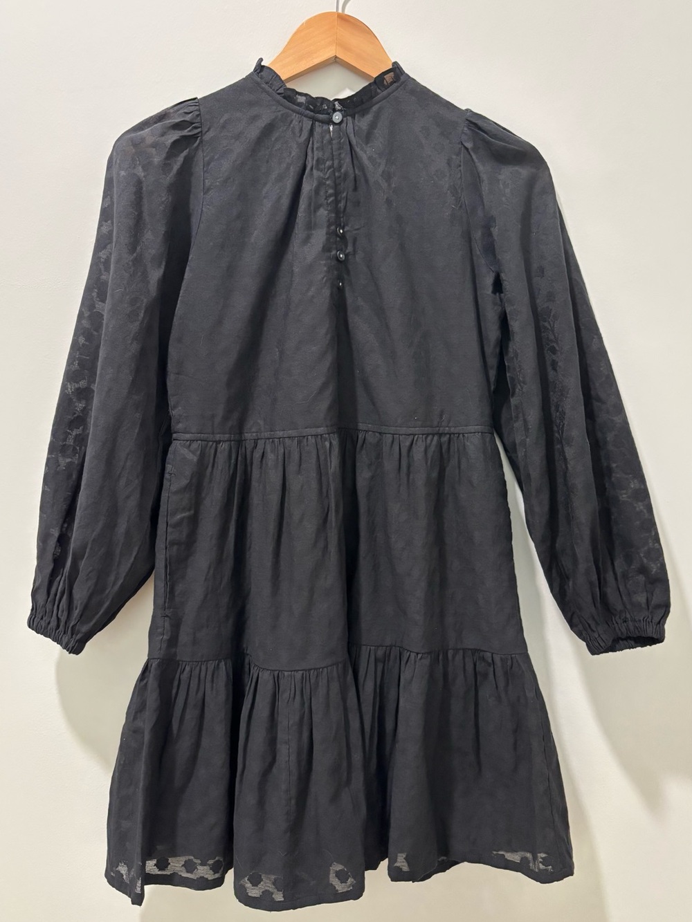 Omika Gauze Dress Black Tiered Ruffle-Neck Long-Sleeve Cotton, Size XS